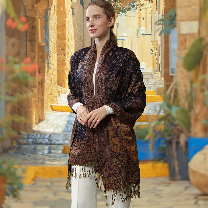 Pashmina Scarf European Bohemia Paisley Jacquard — Museum-Piece Cashmere Shawl Wrap 70×190cm — view 6 of scarves & wraps