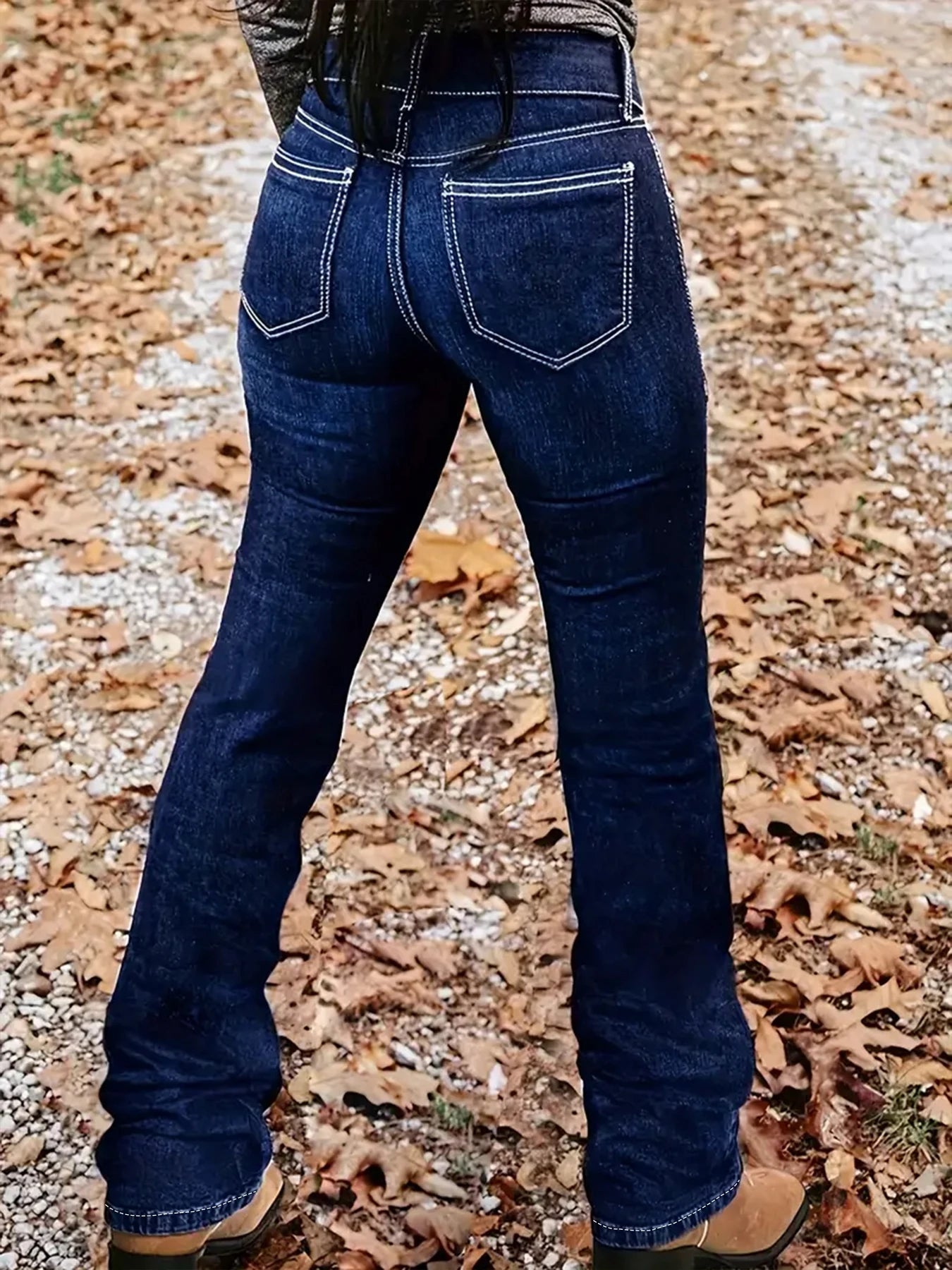Plus-Size Blue Flare Jeans — Double-Row Button Contrast-Stitch Stretch Denim — back view