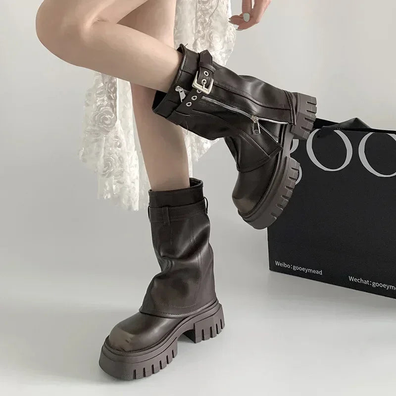 Women's Biker Boots — Belt-Buckle Platform Ankle Booties with Plush Winter Lining — view 2 of boots