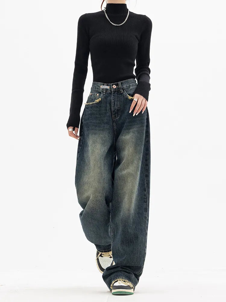 Y2K Women Vintage Streetwear Korean Baggy Blue Jeans