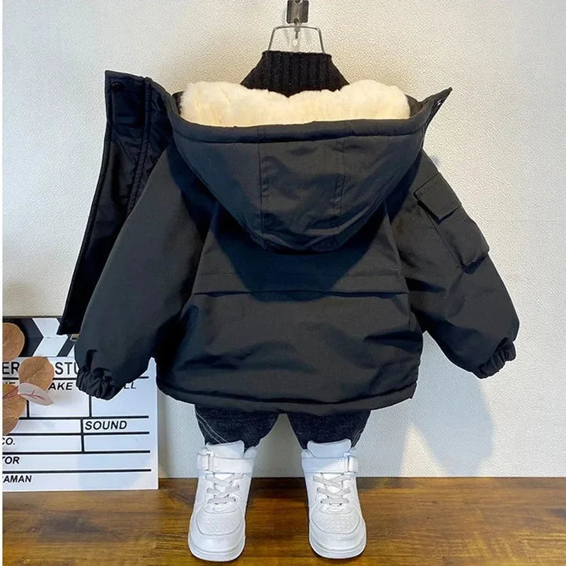 New Winter Down Cotton Jacket Boys Black Hooded Coat Children Outerwear Clothing Teenage 3-8Y Kids