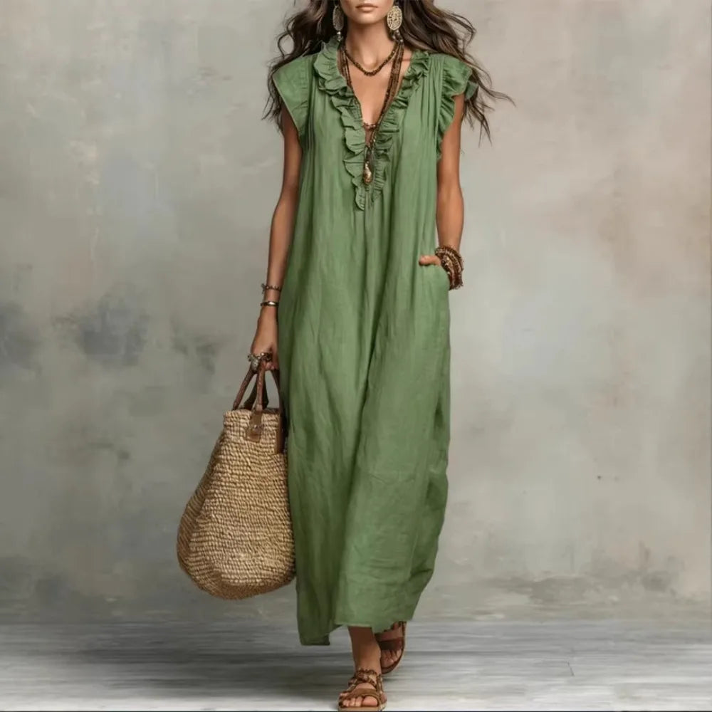 Women's Boho Linen-Blend Ruffle Maxi Dress, V-Neck & Pockets — view 6 of dresses