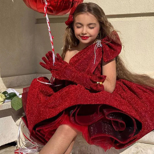 Luxurious Chinese New Year's Party Gown for Girls Banquet Dress for Young Girl Children Red Sequin One Shoulder Dresses for Gala