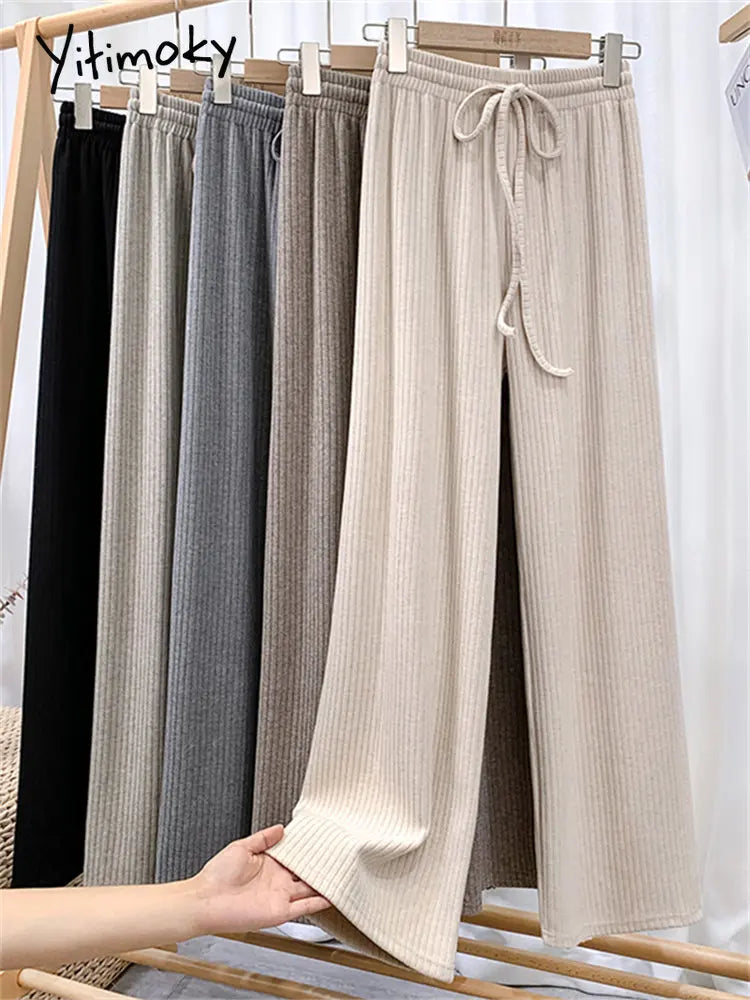 Yitimoky High Waisted Straight Pants for Women Knitted Drawstring Wide Leg Pants Korean Fashion