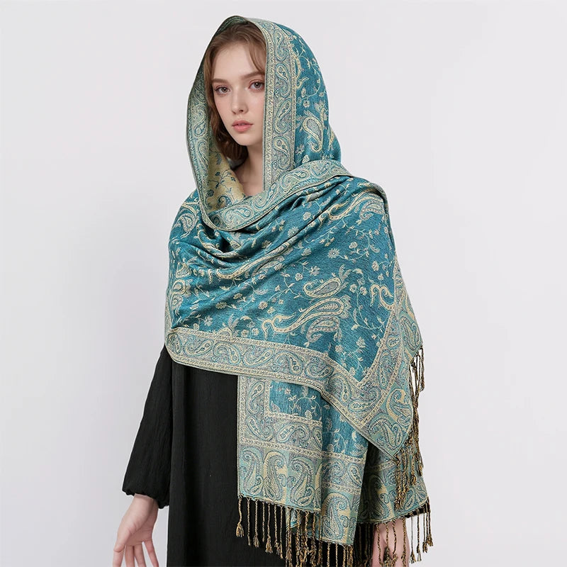 Pashmina Scarf European Bohemia Paisley Jacquard — Museum-Piece Cashmere Shawl Wrap 70×190cm — view 17 of scarves & wraps