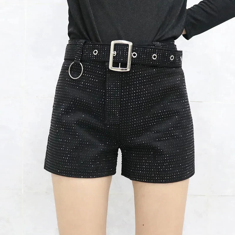 Women's Heavy Industry Shiny Diamond Shorts Streetwear 2023 Summer New Korea High Waist Shiny Casual Shorts With Belt Female