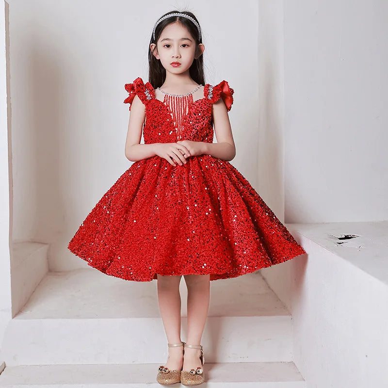 Wine Red Sequin Flower Girl Pageant Mermaid Dresses Long Puffy Prom Formal Birthday Party Dress Luxury Evening Shining Ball Gown