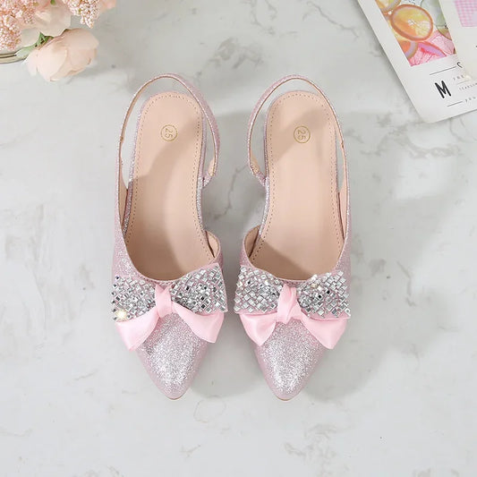 2024 Summer New Children's Crystal Shoes Fashion Bow Sequins High Heels Soft Sole Anti Slip Girl Princess Shoes