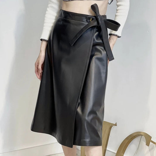 2025 Women’s Genuine Leather Midi Skirt – Retro Bow Belt Pleated Mid-Calf Skirt