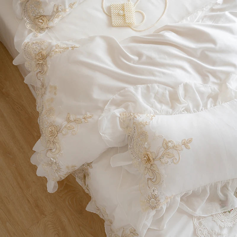 White Lace Embroidery Bedding Set – Korean Princess Wedding Bedclothes, Cotton Duvet Cover & Bed Sheet