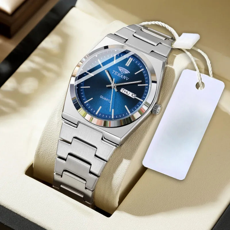 Men's Slim Stainless Steel Calendar Watch — Fashion Quartz Wristwatch — view 5 of watches