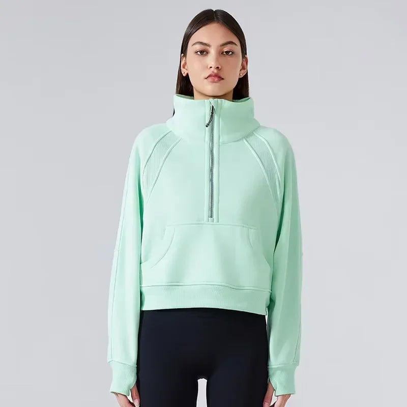 Thicken Women High-neck Half-zip Sports Jackets Outdoor Cycling Windproof Hoodie Gym Training And Exercise Yoga Sportswear