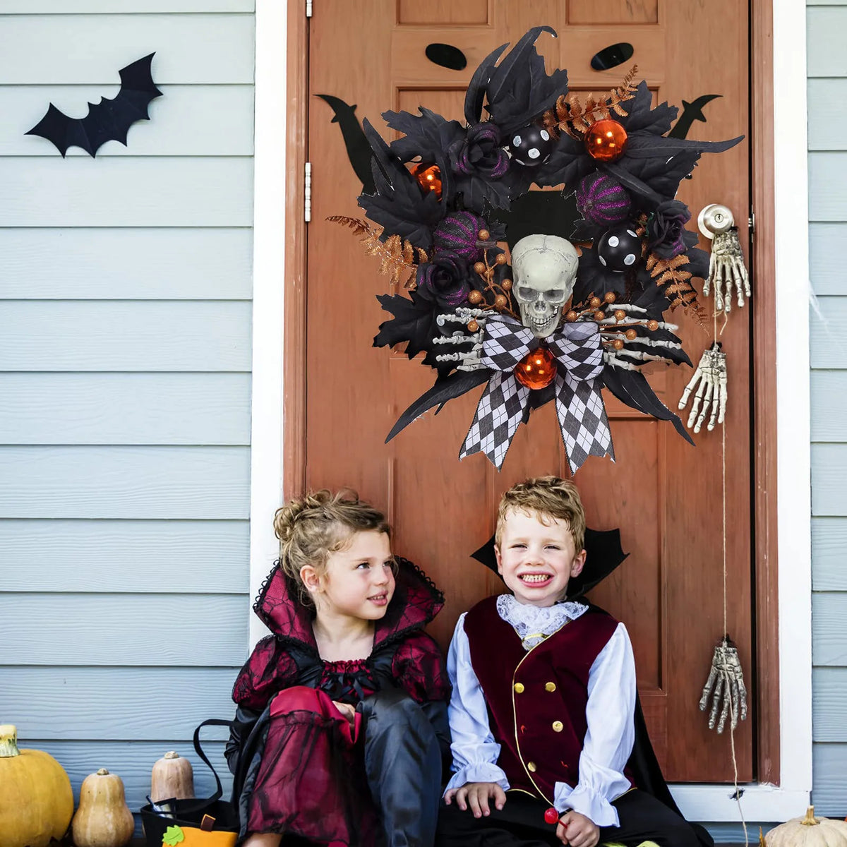 20-Inch Gothic Skeleton Halloween Wreath with Skulls & Pumpkins — product photo 6