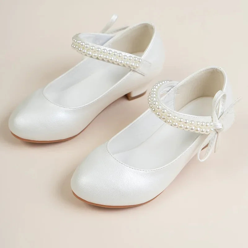 Girls High Heel Shoes For Kids Pearl Teen Crystal Party Princess Shoes Child Wedding Formal Leather Sandals Girls Footwear Party