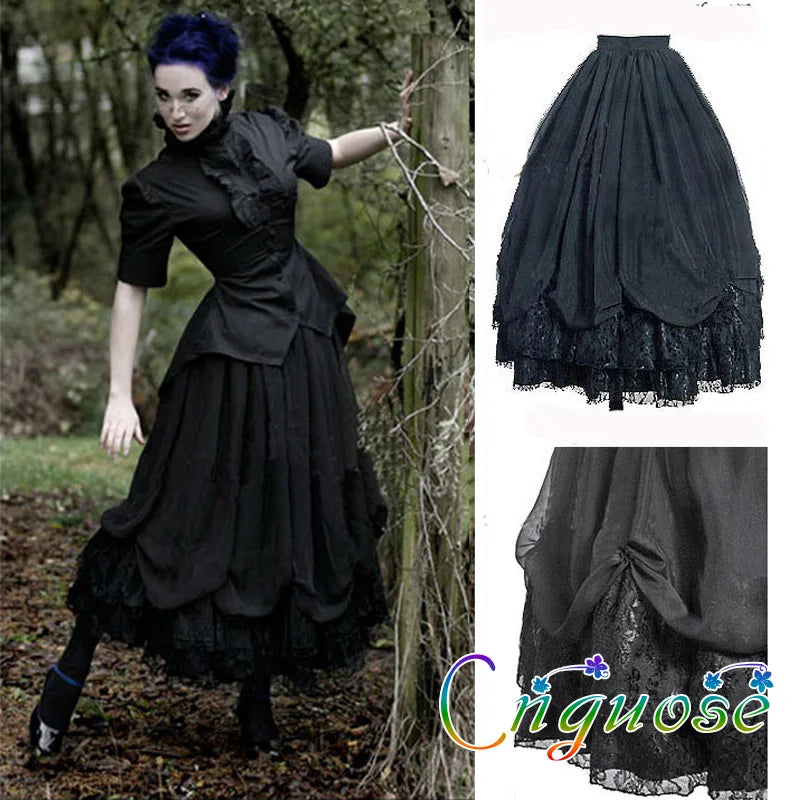 Plus Size Woman Steampunk Gothic Clothes Lolita Style Black Red Chiffon Lace Splicing Pleated Tutu Long Maxi Skirts Womens 2022