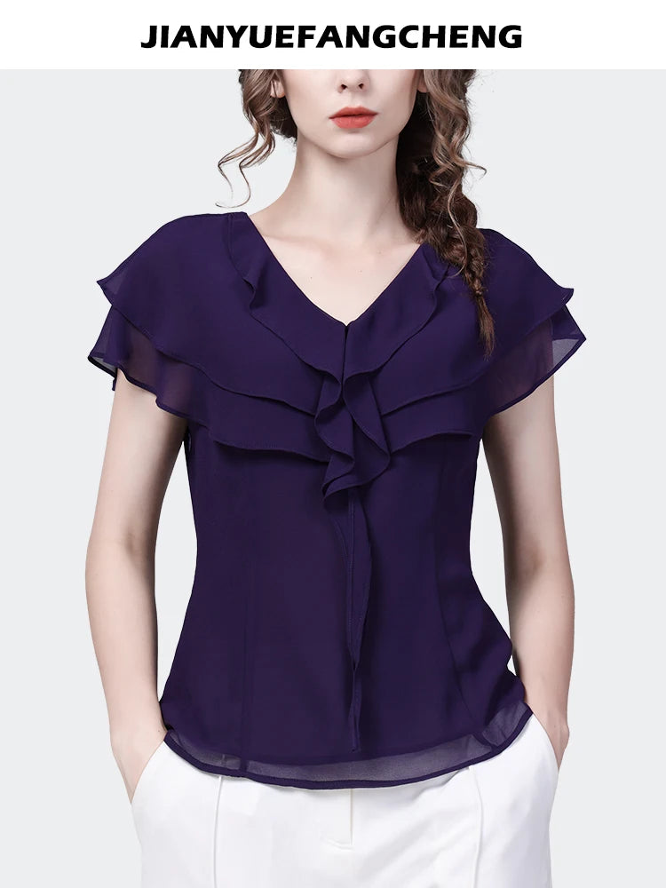 2024 Summer Women Short Sleeve V-neck Ruffle Chiffon Tops Elegant Slim French Style Female Purple Casual Office Blouses