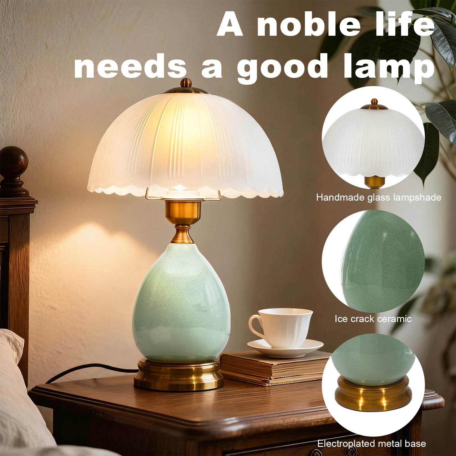Chinese Green Ceramic Table Lamp &mdash; 16 in Vintage Bedside Lamp with 3-Color Dimmable LED — view 4 of lighting