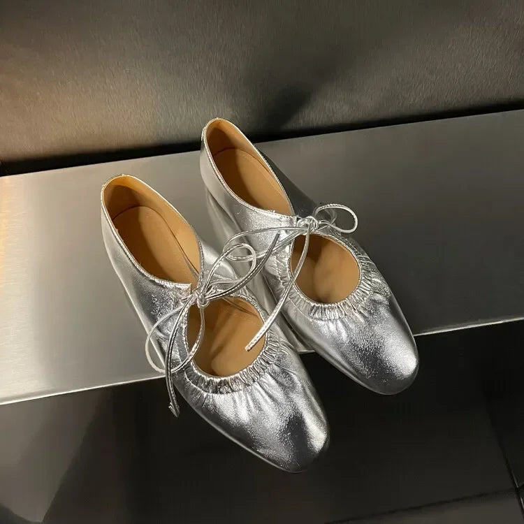 Flats & Ballet — Leather Metallic Ballet Flats, Silver Gold Bling Round-Toe Party Flats — view 8 of flats & ballet
