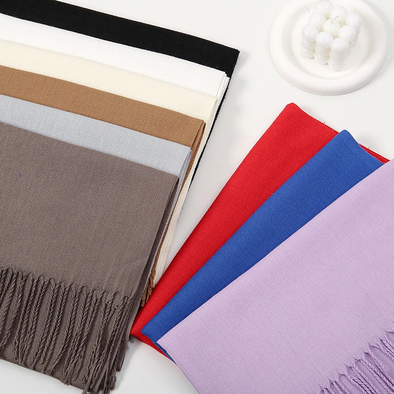 Solid Pashmina Scarf Tassel — Minimalist Cashmere-Feel Capsule Wardrobe Wrap for Women & Men — view 2 of scarves & wraps
