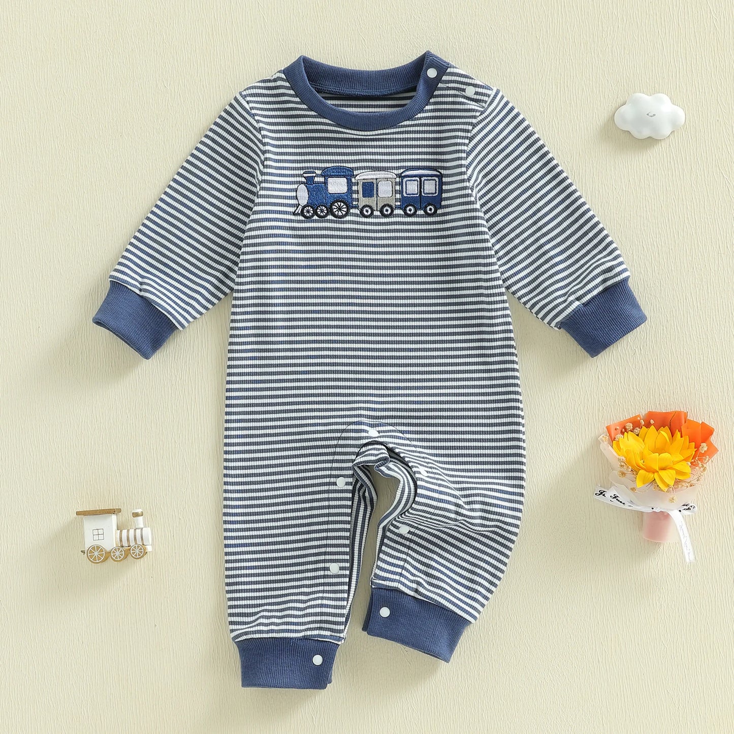 Toddler Boys Train Embroidered Striped Playsuit - Long Sleeve Romper — view 2 of toddler rompers