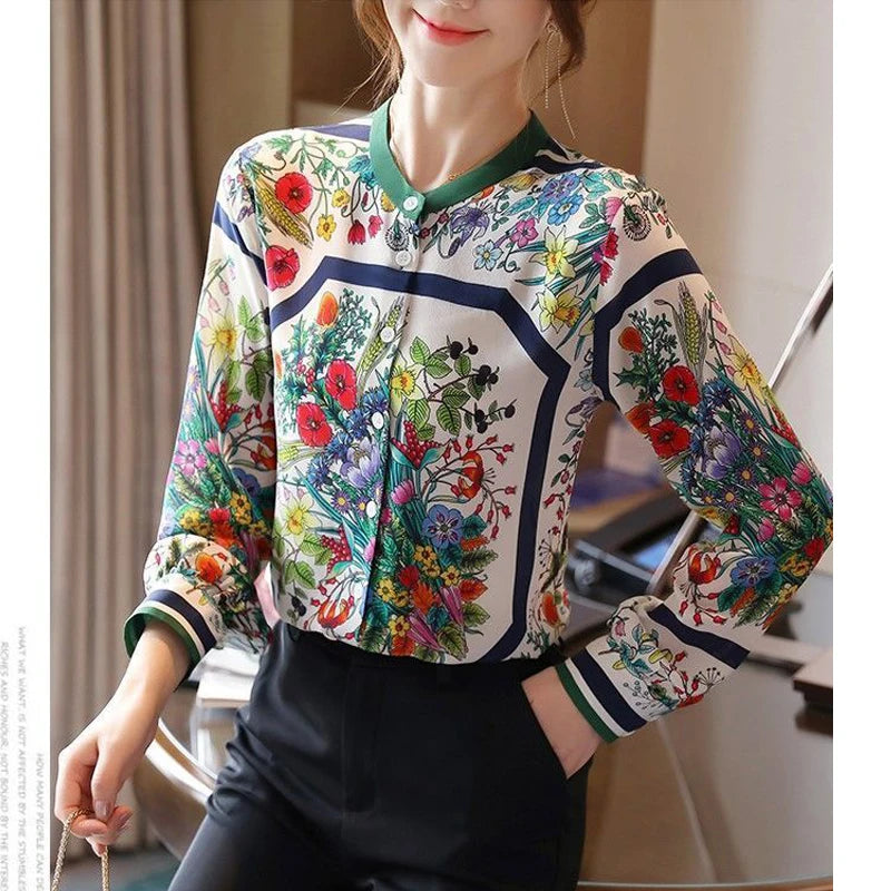 Women's Vintage Floral Print Stand Collar Button Shirt Spring Autumn Fashion Elegant Chiffon Blouse Long Sleeve Slim Tops Blusas