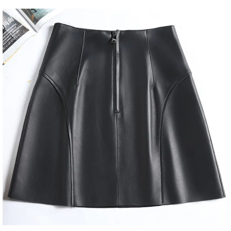 Real Leather Sexy Mini Skirt Women Spring South Korean Fashion High Waist Buttons Retro A-line Skirt