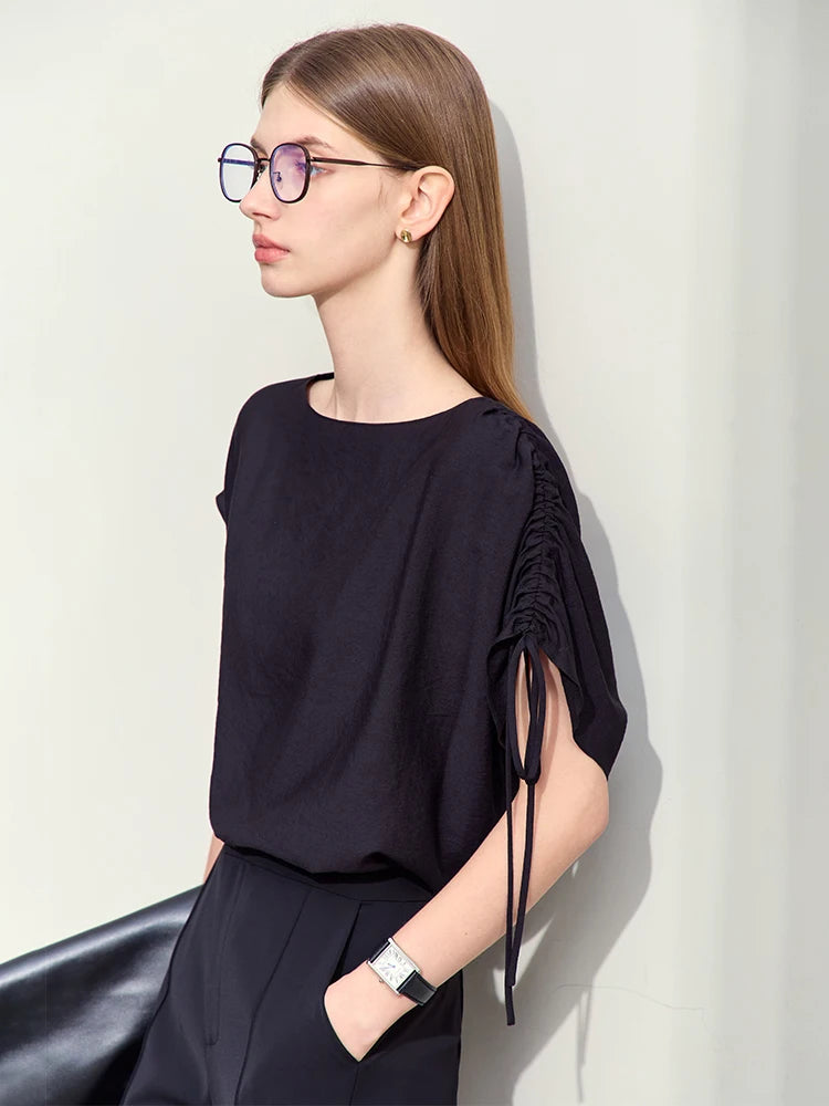 Amii Minimalism 2024 Summer Chiffon Shirts Women Slash Neck Asymmetric Short-sleeve Pleated Loose Blouses Women Tops 12452096