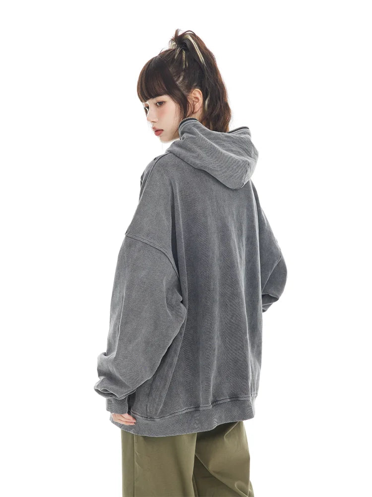 ADA girl Oversized Grey Zip Hoodie – Women’s Retro Streetwear Zipper Jacket