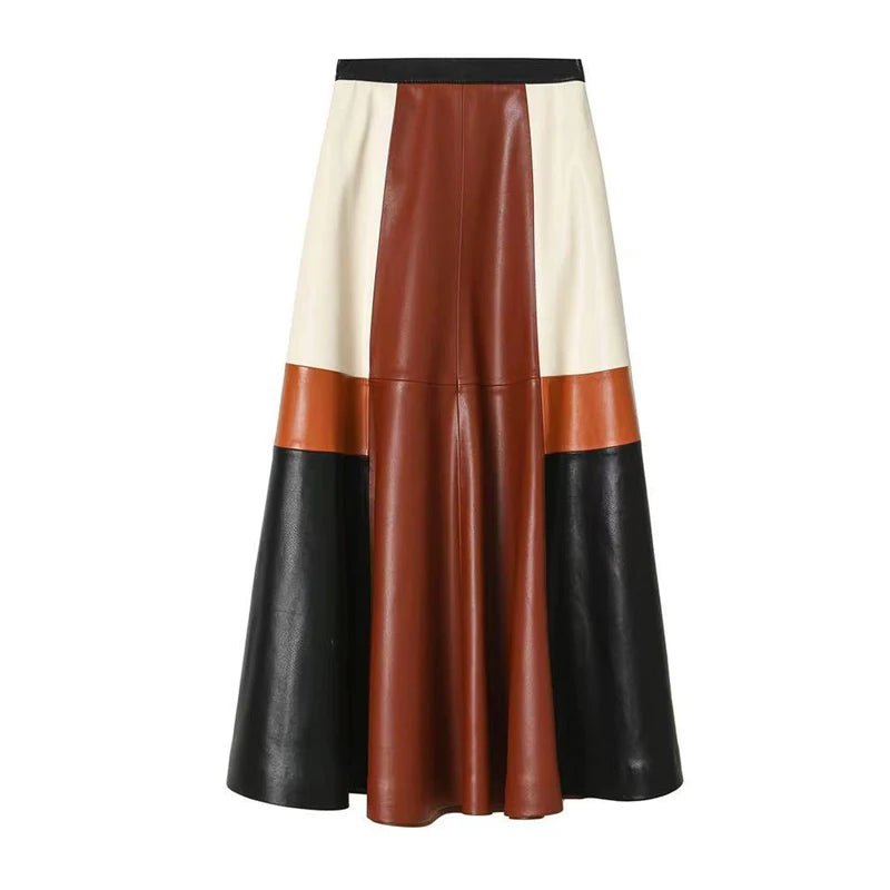 Moda Clothing 2024 Spring and Autumn Fashion Contrast Color Leather Skirts Female Retro Patchwork Large Swing 80CM Long Faldas