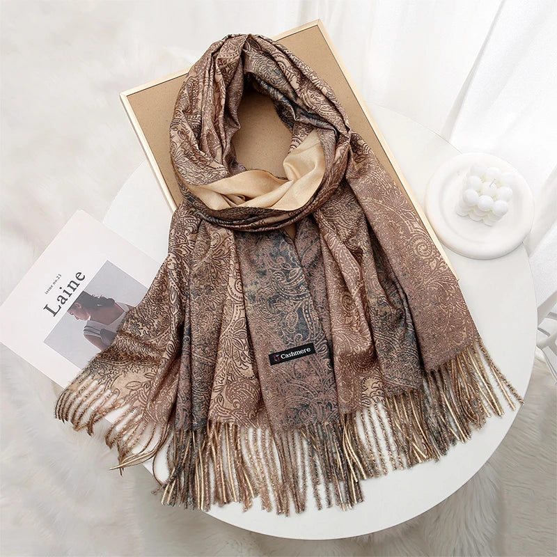 Luxury Paisley Pashmina Embroidery — Cashmere Reversible Drape Floral Designer Shawl Wrap — view 5 of scarves & wraps