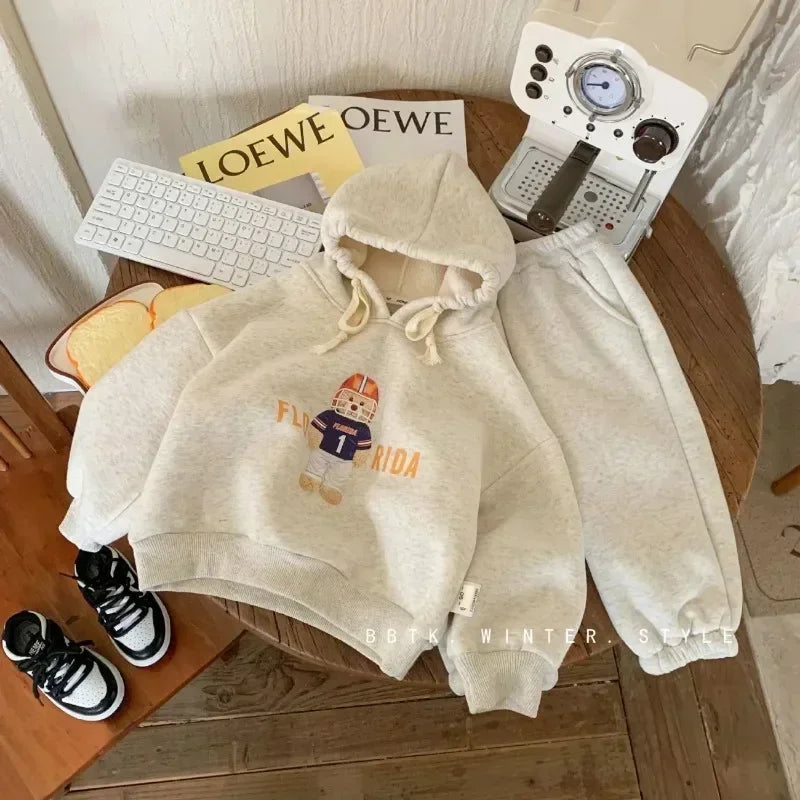 Children's Set Autumn Winter Baby Boys Girls Suit Bear Hooded Integrated Velvet Thick Hooded Sweatshirt +sweatpants Two-piece