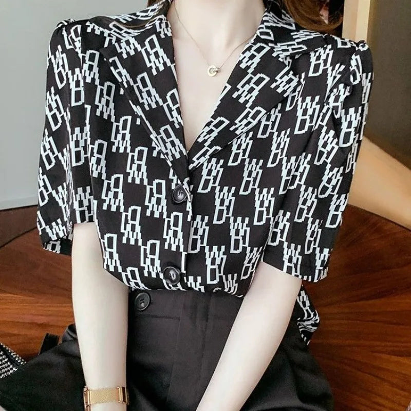 Korean Style Vintage Loose Chiffon Shirt – Notched Collar, Letter Print, Button-Up Short Sleeve