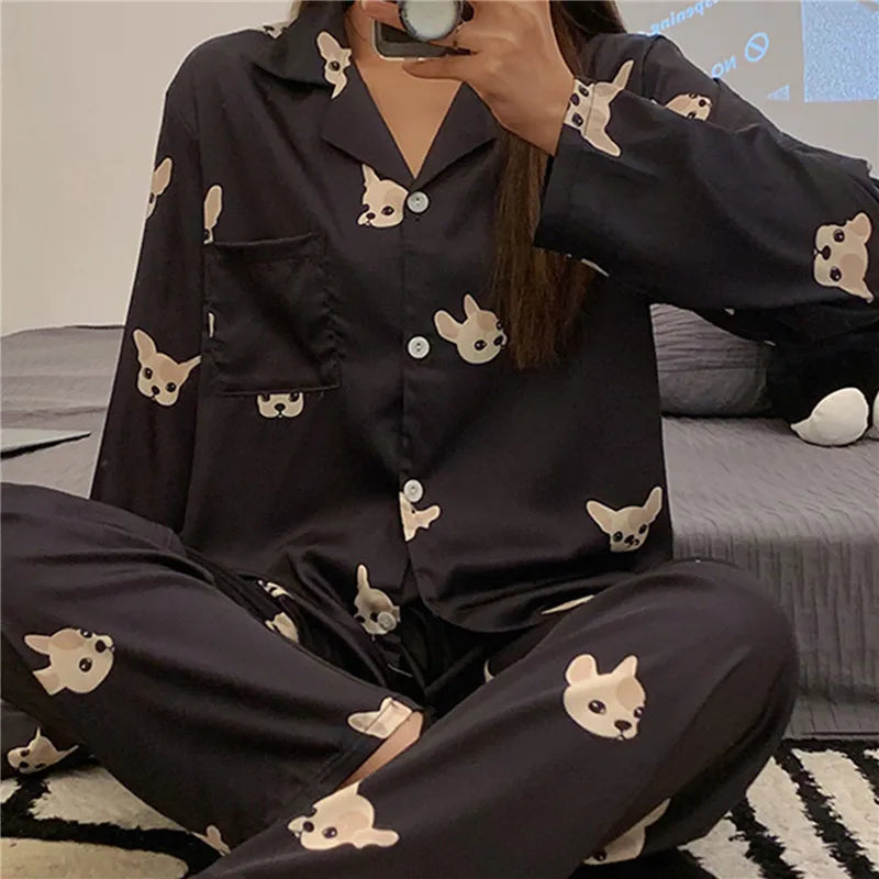 Pajamas Set for Women Luxurious Sweet Satin Pyjamas Woman Long Sleeve Shirt Long Pants Home Wear Ladies