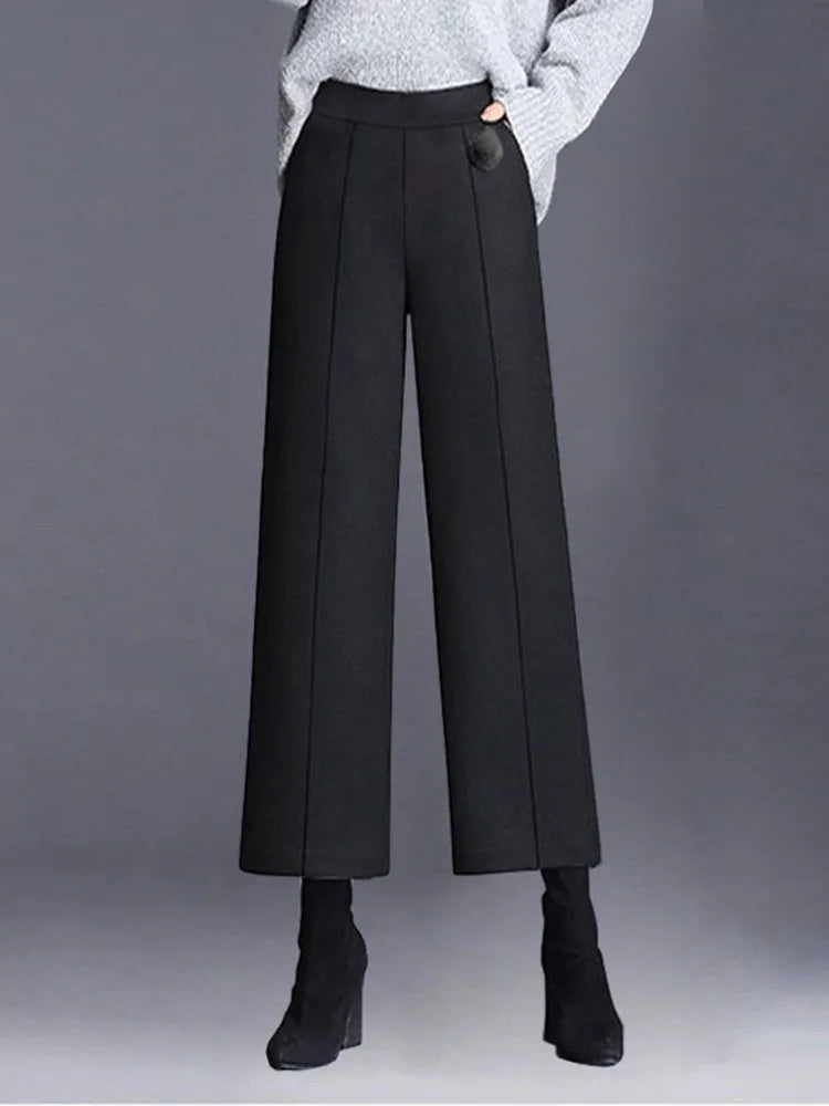 Elegant Woolen Blend Wide Leg Pants Office Lady High Waist Straight Pantalones Autumn Winter