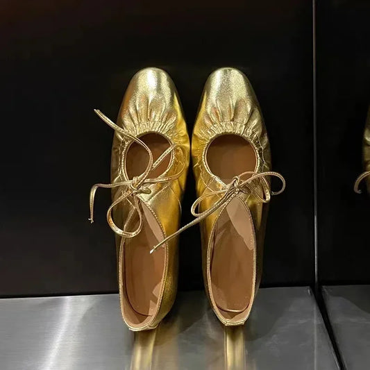 Flats & Ballet — Leather Metallic Ballet Flats, Silver Gold Bling Round-Toe Party Flats — view 1 of flats & ballet
