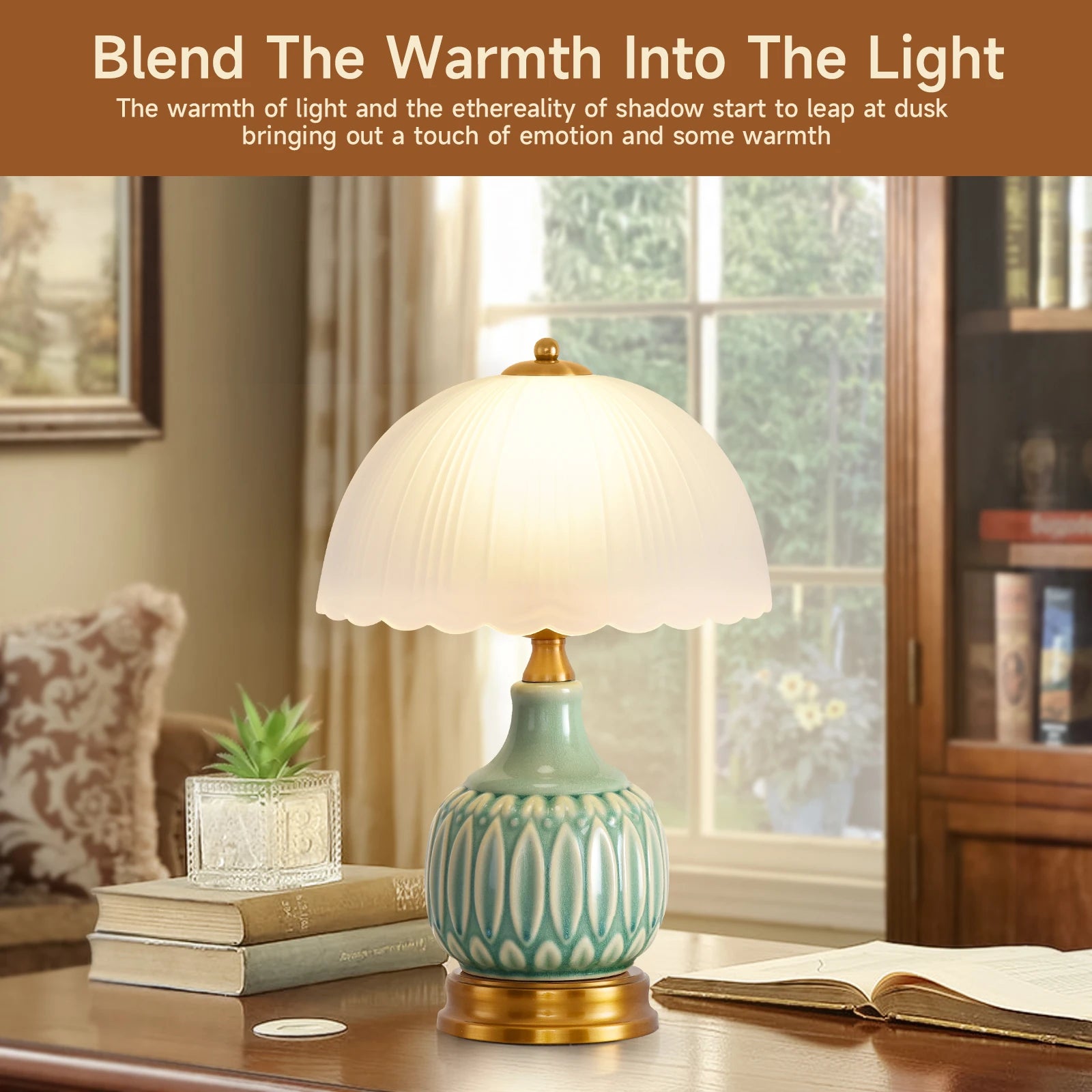 Vintage Ceramic Table Lamp &mdash; 16 in Modern Retro Bedside Nightstand Lamp for Living Room — view 4 of lighting