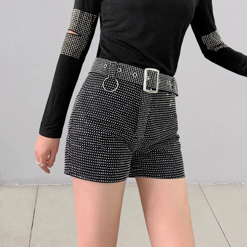 Women's Heavy Industry Shiny Diamond Shorts Streetwear 2023 Summer New Korea High Waist Shiny Casual Shorts With Belt Female