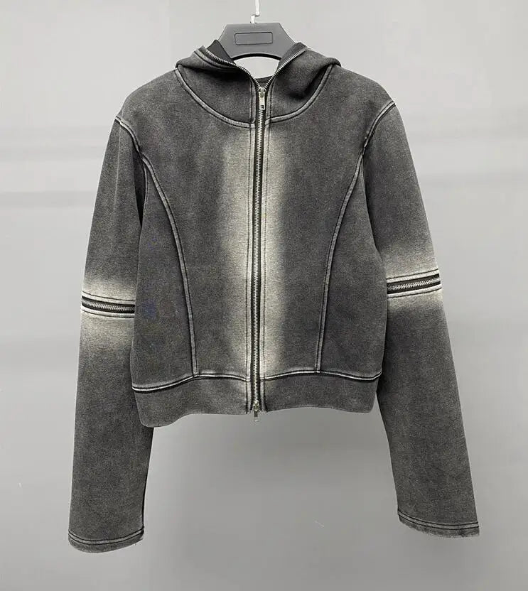 Y2k Vintage Short Hoodies Women Hip Hop Zip Up Long Sleeve Distressed Jacket Coats Autumn Winter Casual Gothic Hooded Sweatshirt