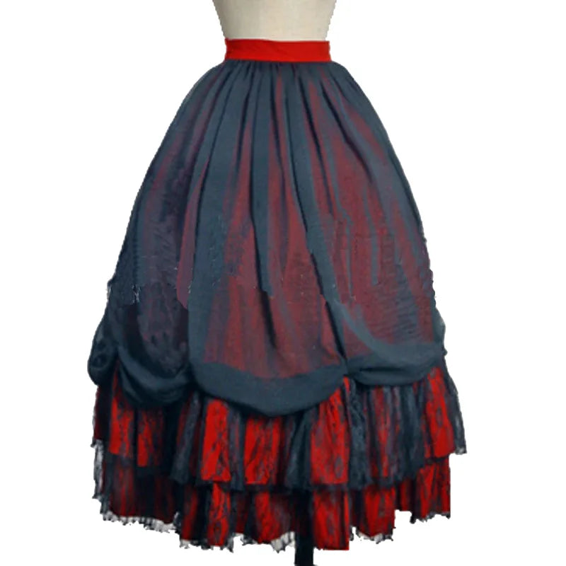 Plus Size Woman Steampunk Gothic Clothes Lolita Style Black Red Chiffon Lace Splicing Pleated Tutu Long Maxi Skirts Womens 2022