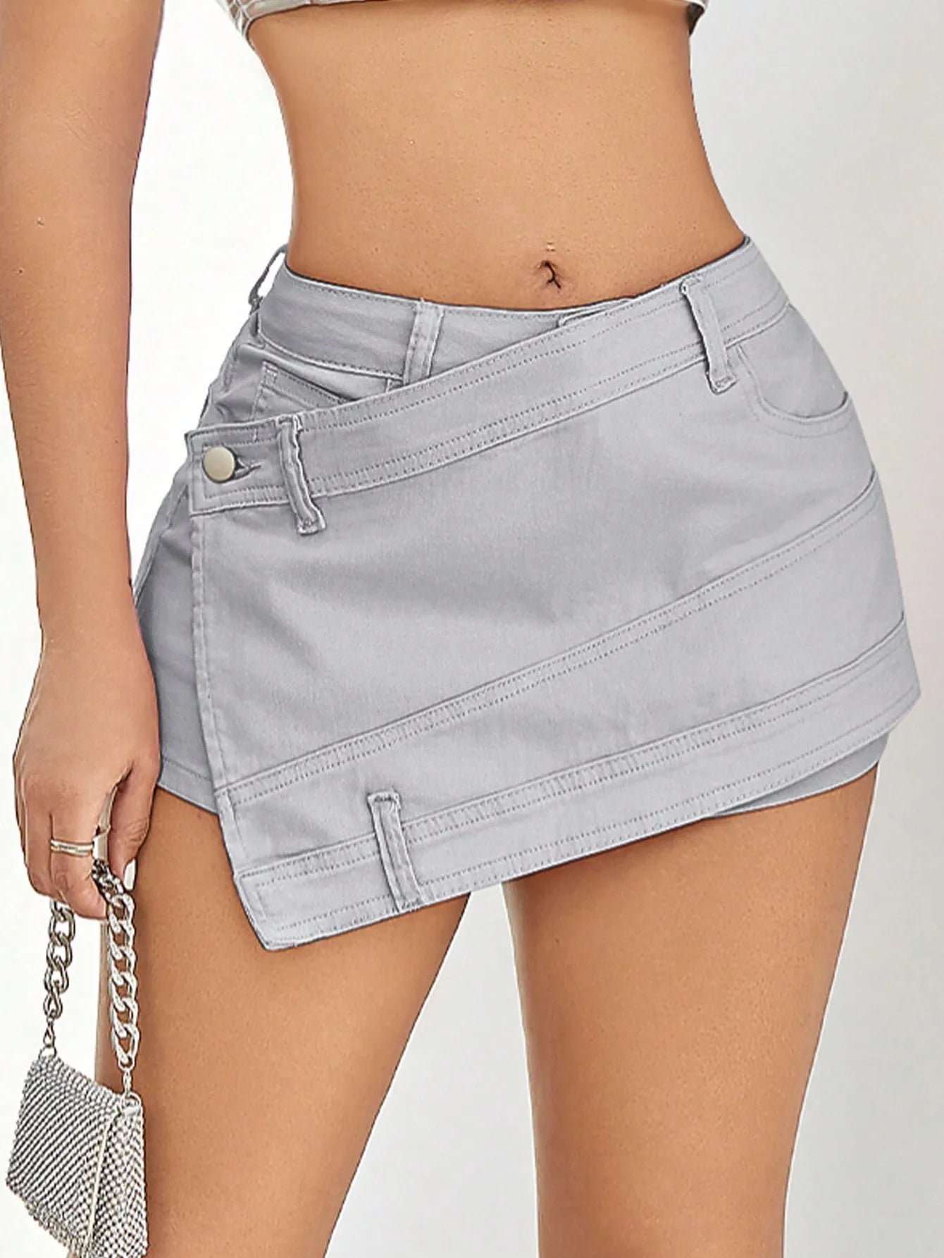 Women Fashion Denim Mini Skort Street Wrap Stretch Irregular A-Line Skinny Cargo Jean Shorts