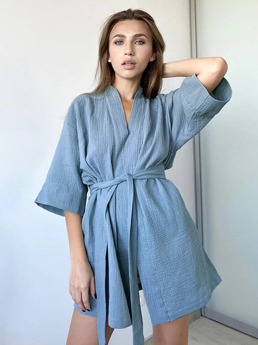 Crape Cotton Robe Women's Nightwear Mini Bathrobes Lace Up Sleepwear Muslin Women'S Home Clothes Solid Color