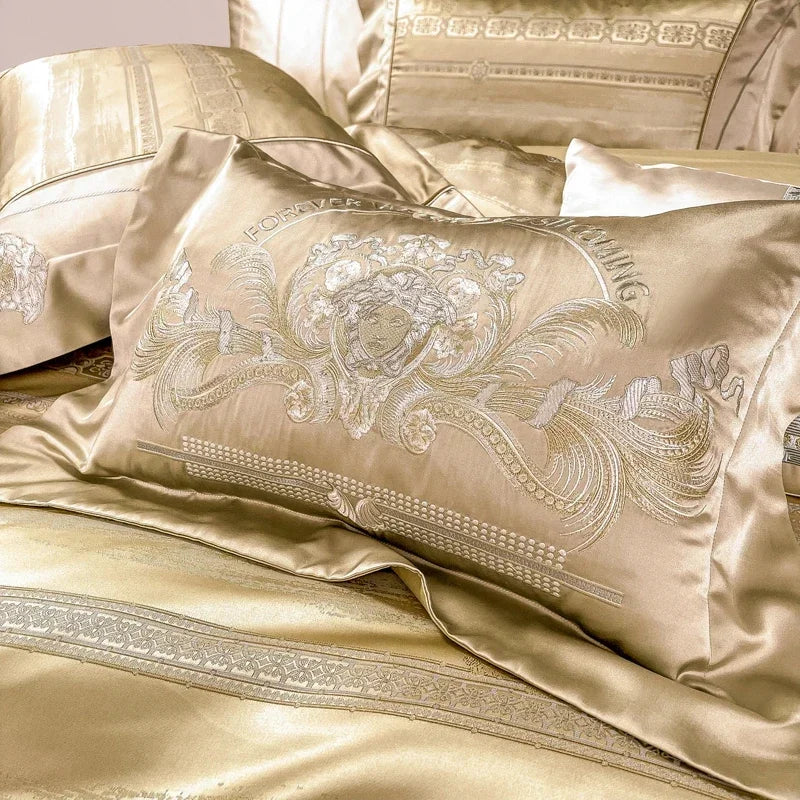 European-Style Yellow Satin Cotton Bedding Set – King & Full Size Jacquard Duvet Cove