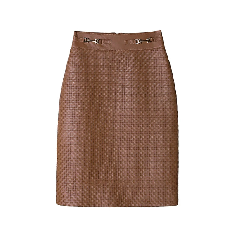 High Quality Leather Skirt Autumn Women Real Sheepskin Hand Woven High Waist Gold Buckle Slim Green/Coffee Wrap Hip Saia Midi