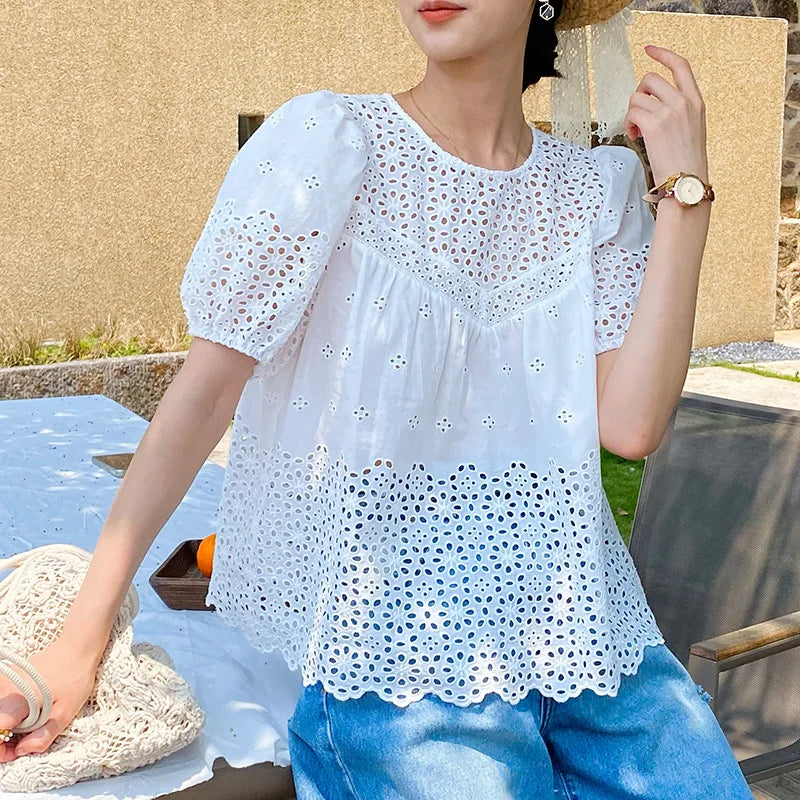 Floral Eyelets Cotton White Blouse Vacation Embroidered Cut-out Puff Sleeves Tops Short-sleeved Summer Shirt Women Clothing