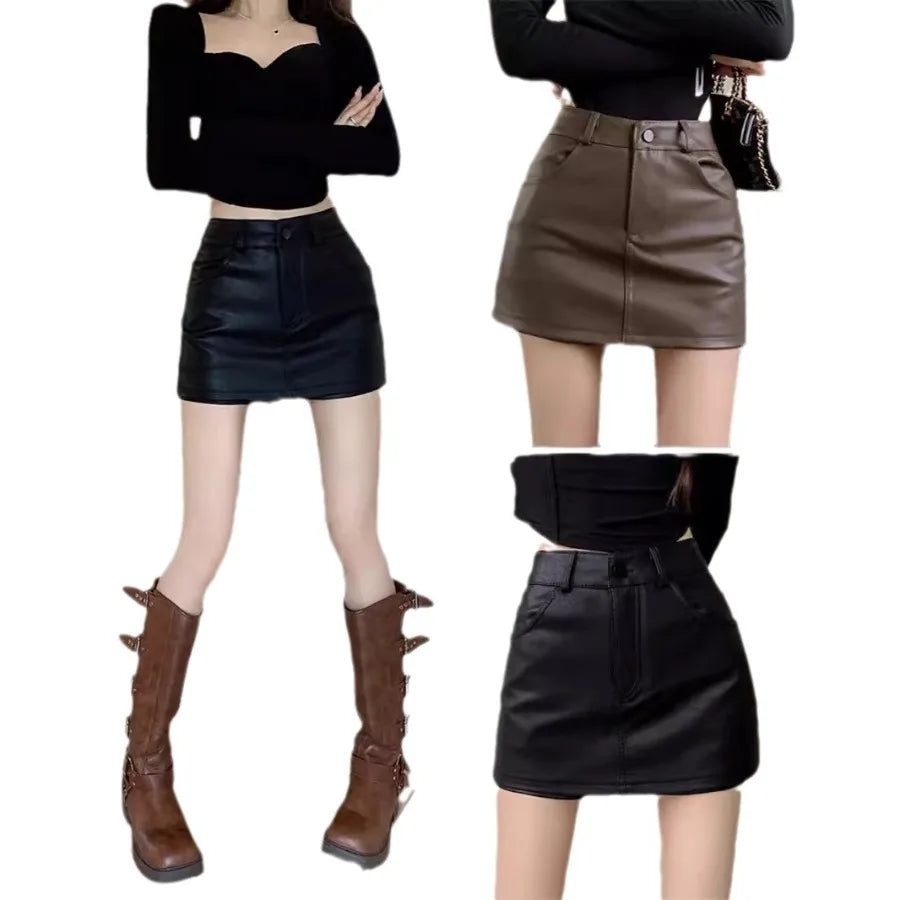 【HOT】Curry pu leather short skirt for women in autumn and winter new high waist large size fat mm slimming bag short skirt for — view 5 of product