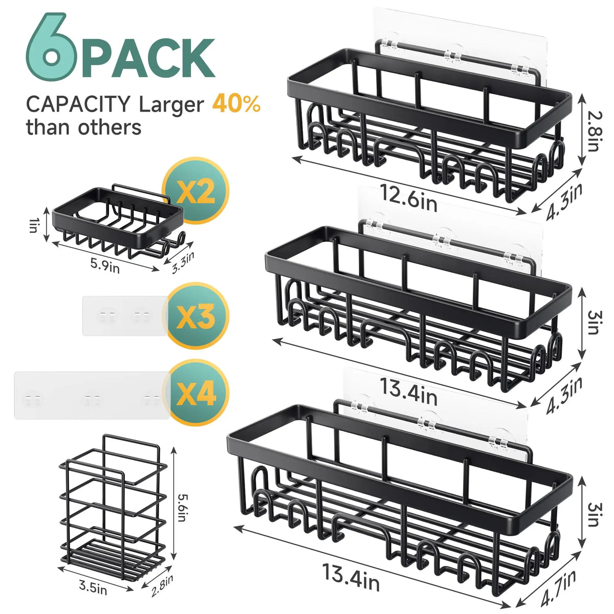 6-Pack Adhesive Shower Caddy Organizer Rack, No-Drill Install — product photo 7
