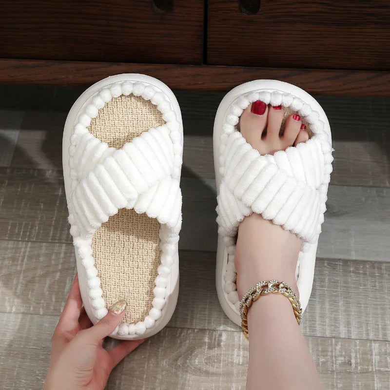 Women's Linen-Sole Home Slippers — Open-Toe Cross-Band Indoor Slides — view 2 of sandals & slides