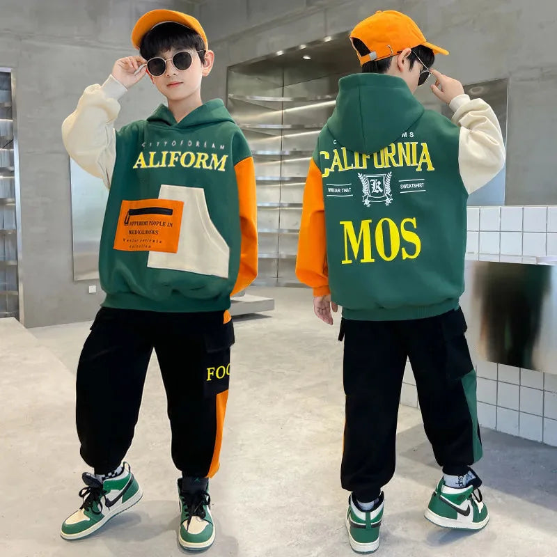 Autumn Winter Boys Tracksuit Junior Kid Fashion Letter Hooded Sweater+Pants Sets