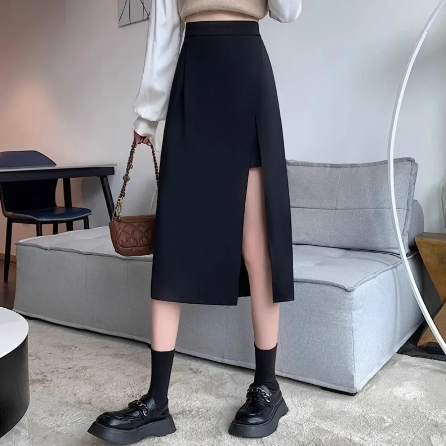 Front-Slit Mid-Long Pencil Skirt — High-Waist Body-Skimming Evening — back view