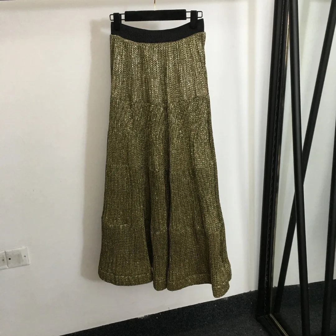 Womans Stretch Pleated Skirt Gold Pleated Glossy Skirt Hot Silver Pressed Pleated Bead Chain Embellished Anti-Wrinkle Skirt